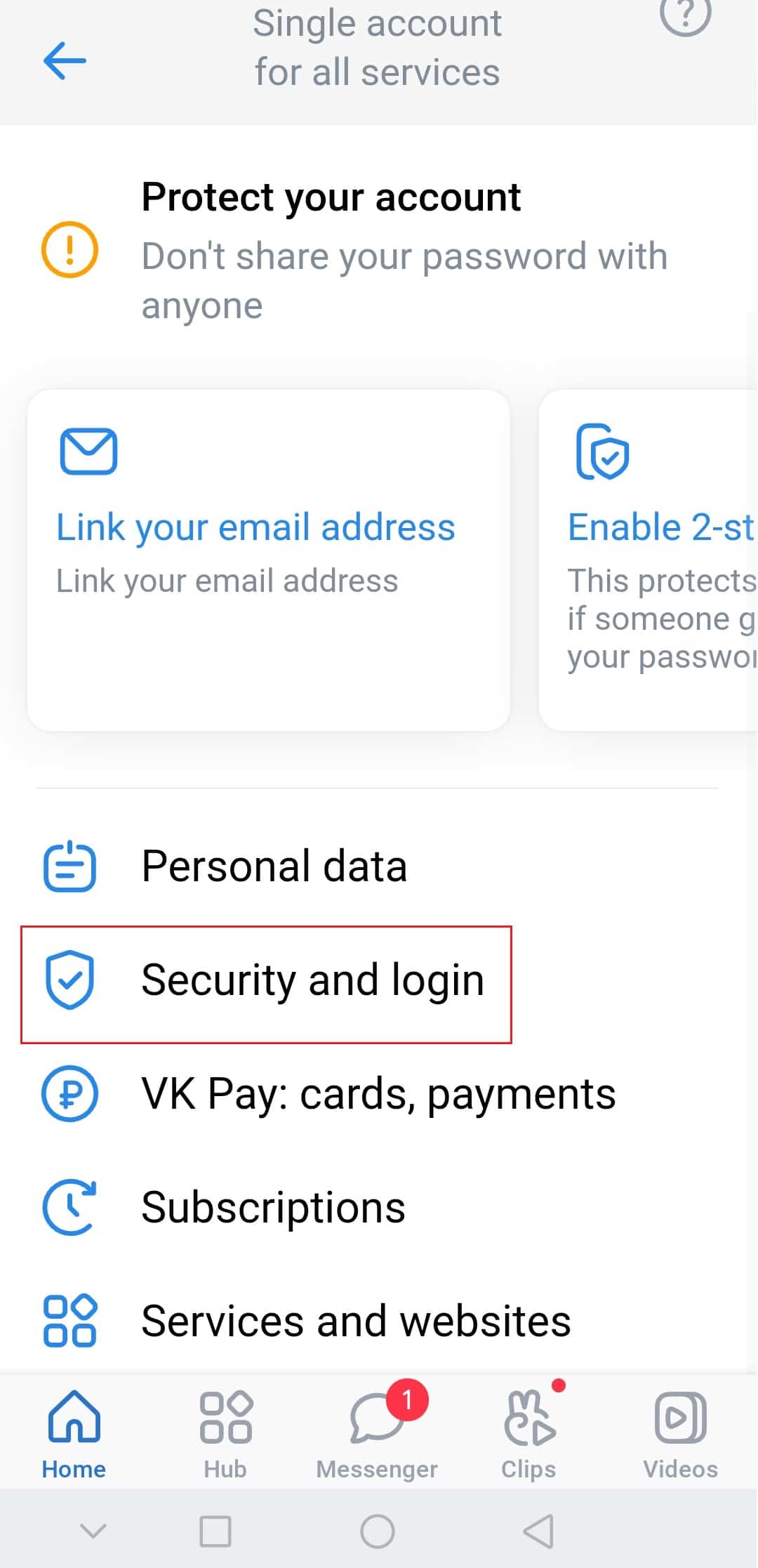 tap on the Security and login in Account Settings 