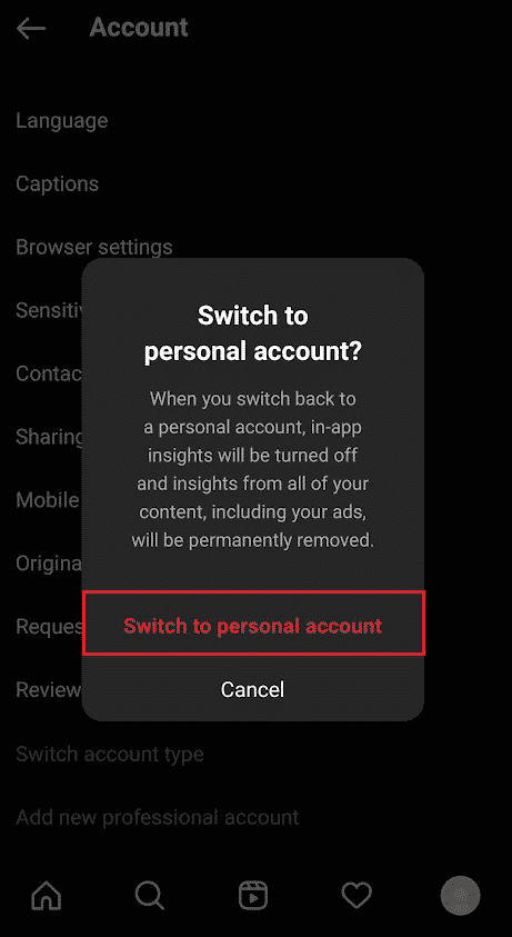 tap on the Switch to personal account option in the pop-up | How to Remove Shop Tab from Instagram
