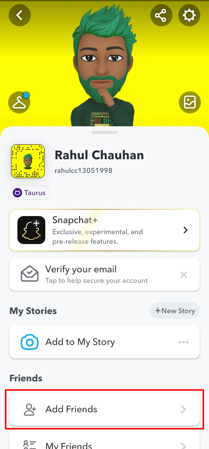 Tap on the Add Friends option. | How to Unblock Someone on Snapchat and Add Them Back
