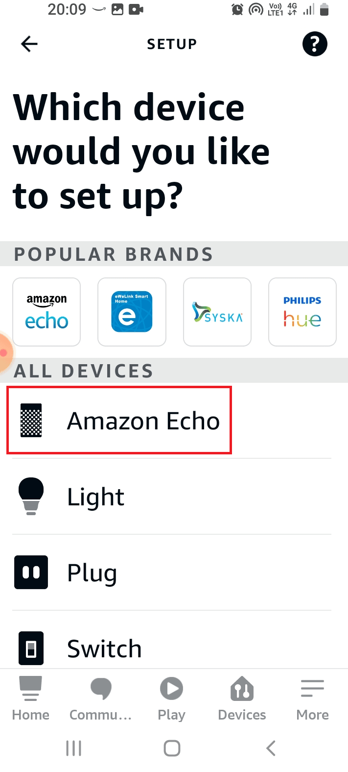 Tap on the Amazon Echo option in the ALL DEVICES section