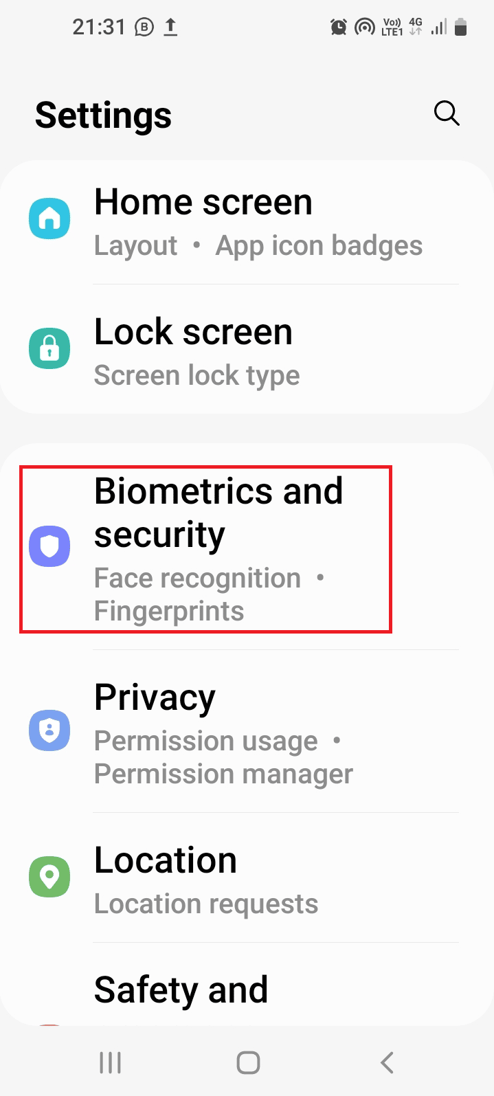 Tap on the Biometrics and security tab