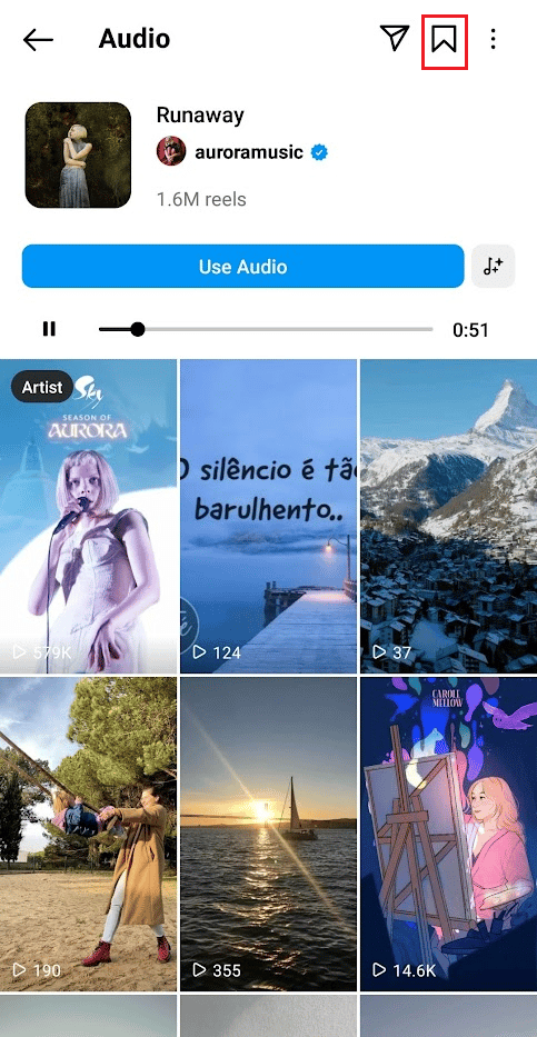 tap on the bookmark icon from the top right corner to save the audio on your IG app