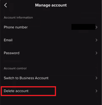 Tap on the Delete account option from the given list of options | How Do I Temporarily Disable TikTok