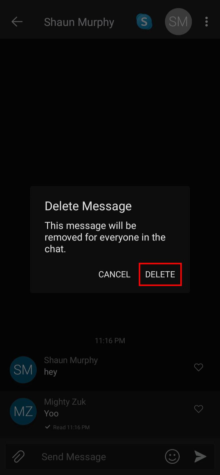 Tap on the DELETE option from the dialog box to delete a message from the chat.