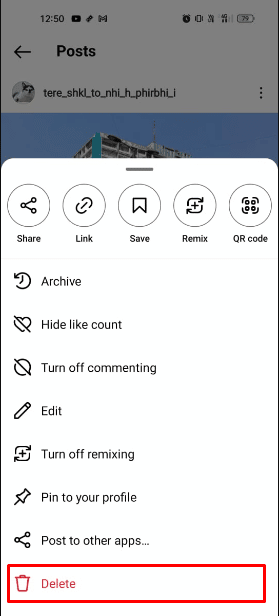 Tap on the delete option under the photo settings menu to delete your photo so that you can reupload it again | How to Remove Instagram Filter from Photo