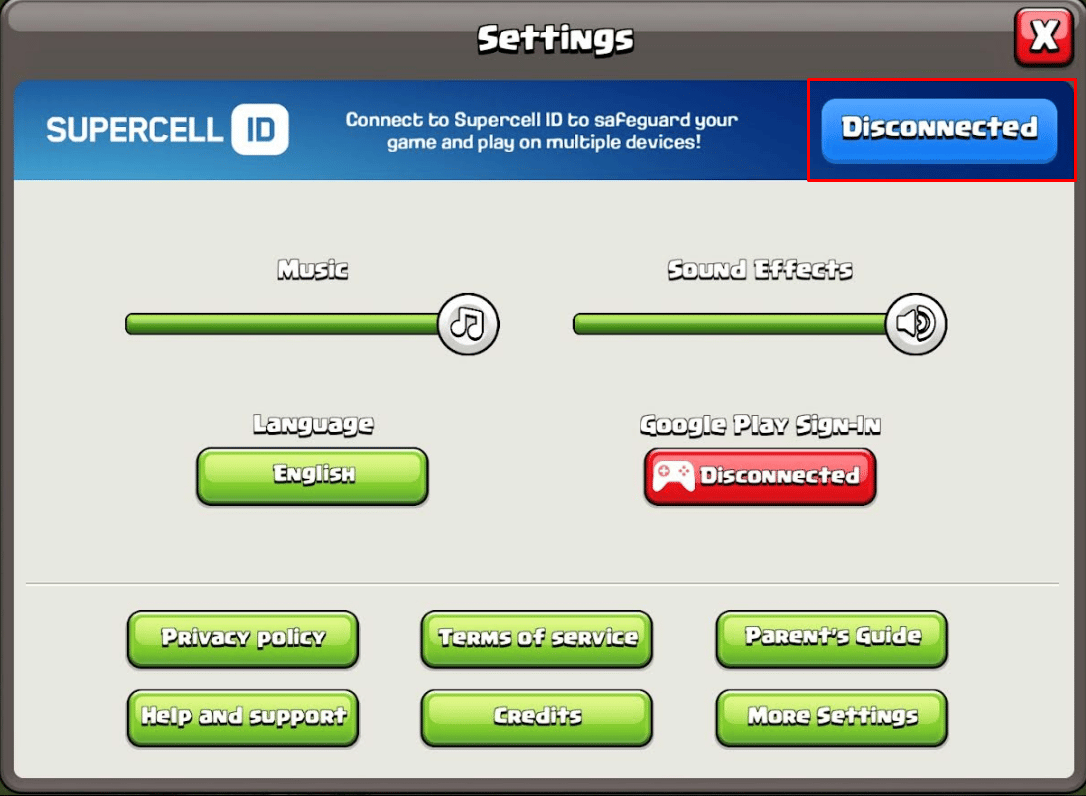 Tap on the Disconnected button adjacent to Supercell ID. | How to Restart without Resetting Clash of Clans