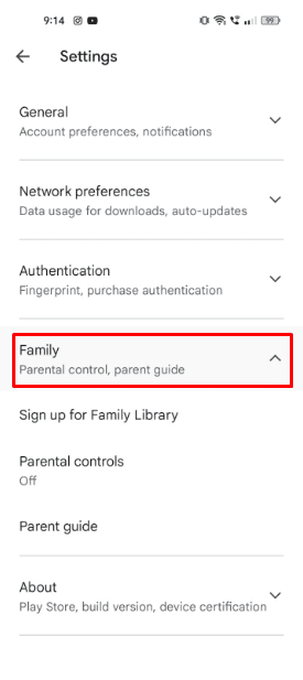 tap on the Family option to open the drop-down menu.