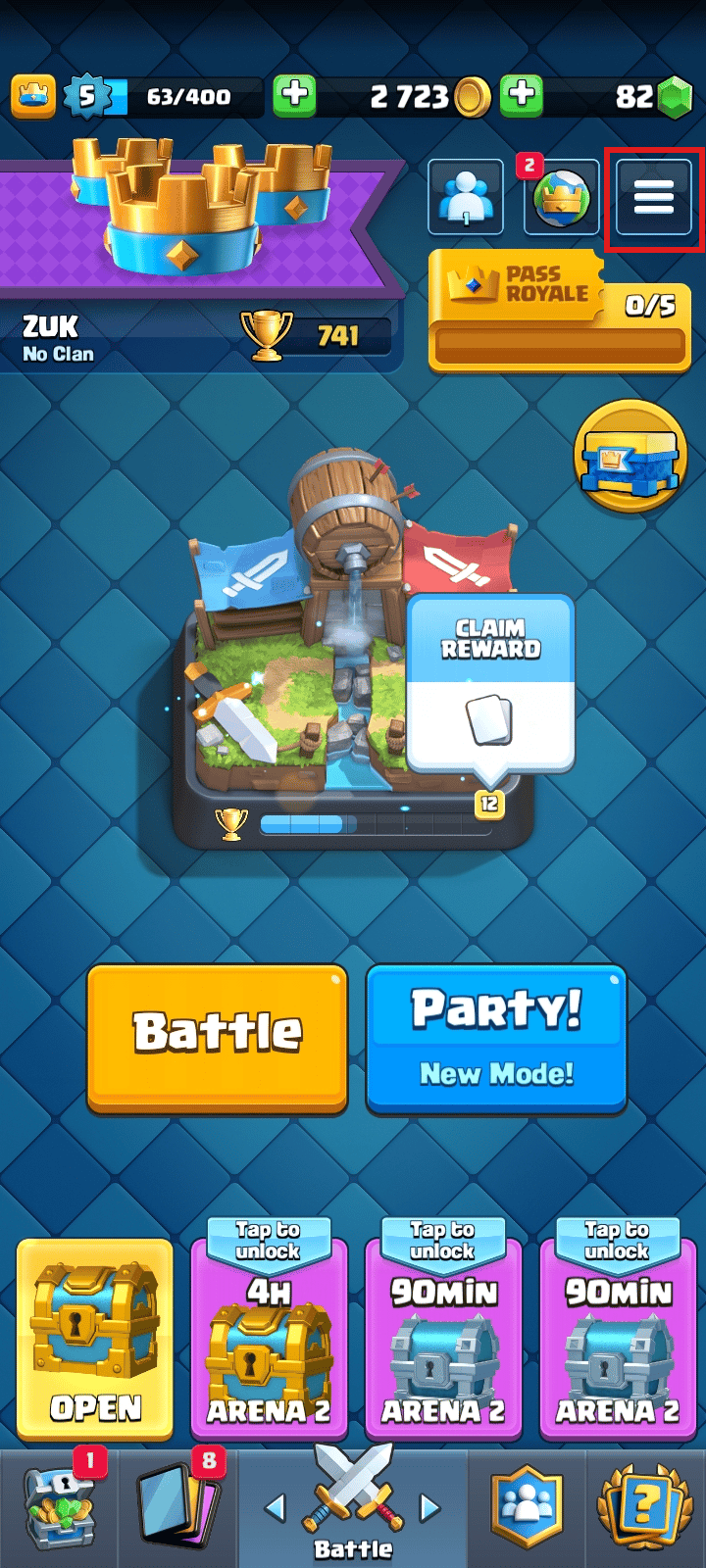 Tap on the hamburger menu icon on the top right of the screen | How to delete clash royale account | remove Supercell ID from Clash Royale