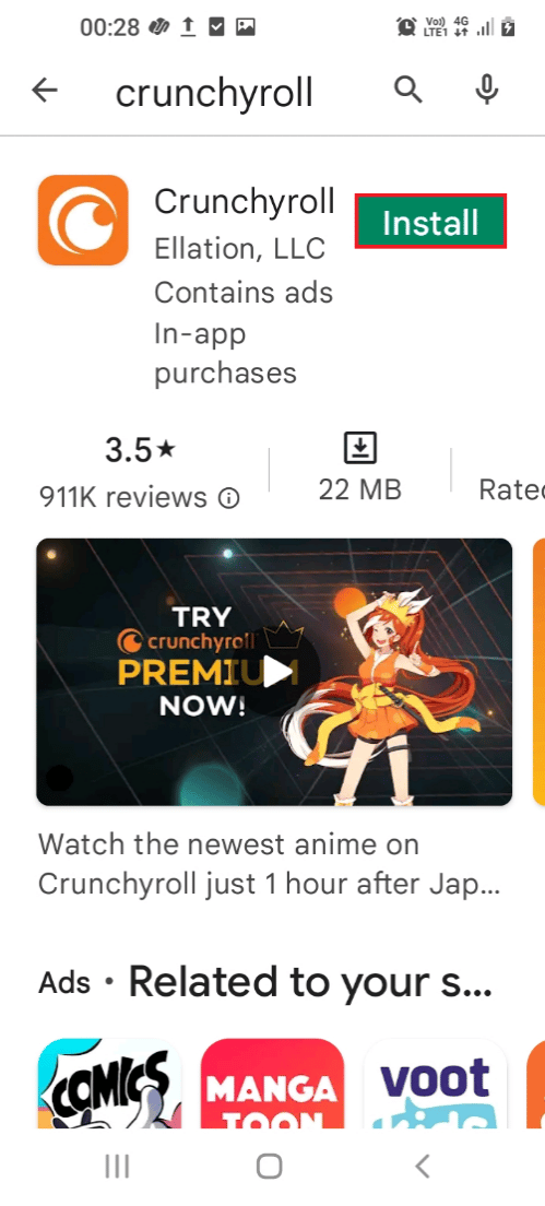 Tap on the Install button to install the Crunchyroll app 