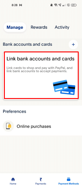 Toque la opción Vincular cuenta bancaria y tarjetas en la pestaña Administrar.
