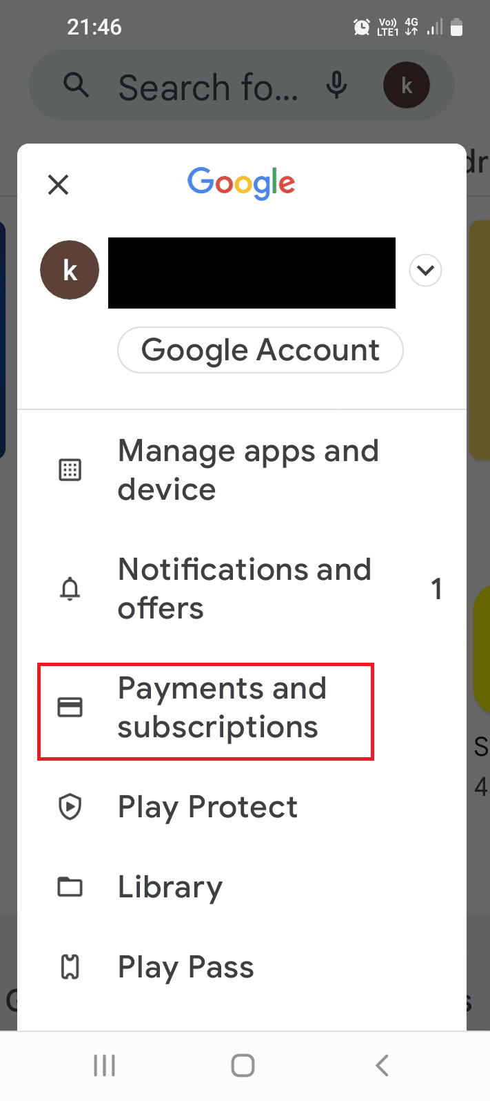 Tap on the Payments and subscriptions option