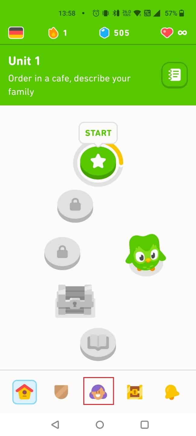 Atingeți pictograma persoană din partea de jos a ecranului | Cum să ștergeți contul Duolingo