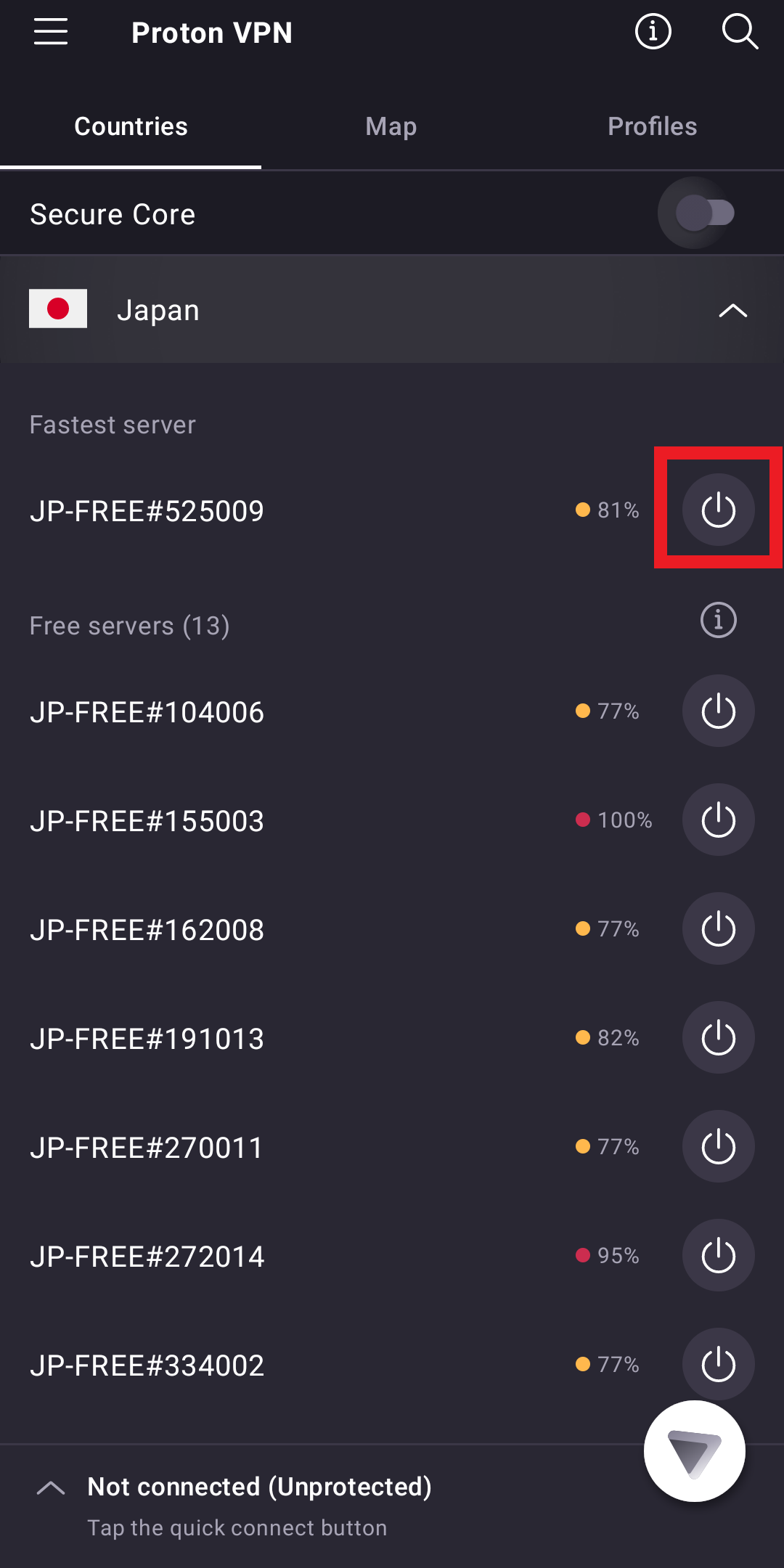 Tap on the power icon to connect to the servers. 