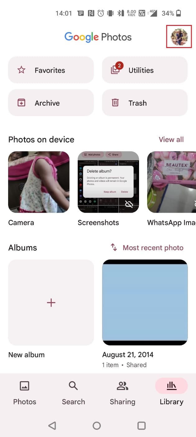 Tap on the profile icon at the top right corner | How to Delete Google Auto Backup Pictures | stop Google Photos from saving photos