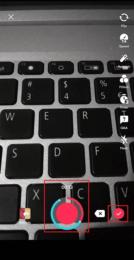 tap on the record icon to record your video and tap on the tick icon once finished recording