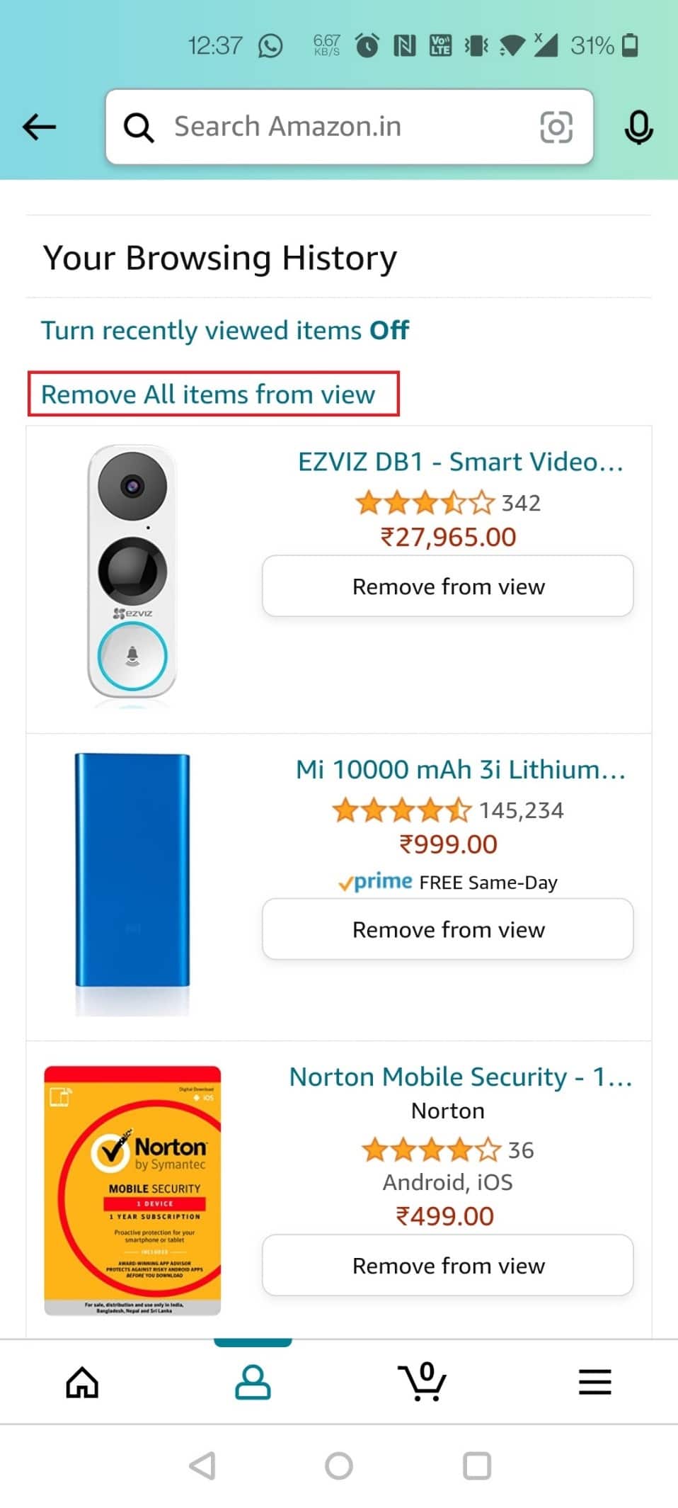 Tap on the Remove All items from view option to clear the browsing history completely | How Do I Hide Amazon Orders From Other Family Members