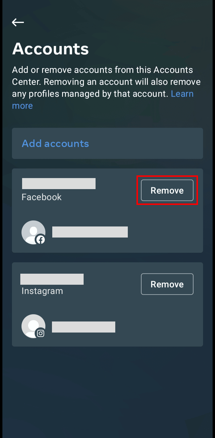 Tap on the Remove button beside the Facebook information to remove it.
