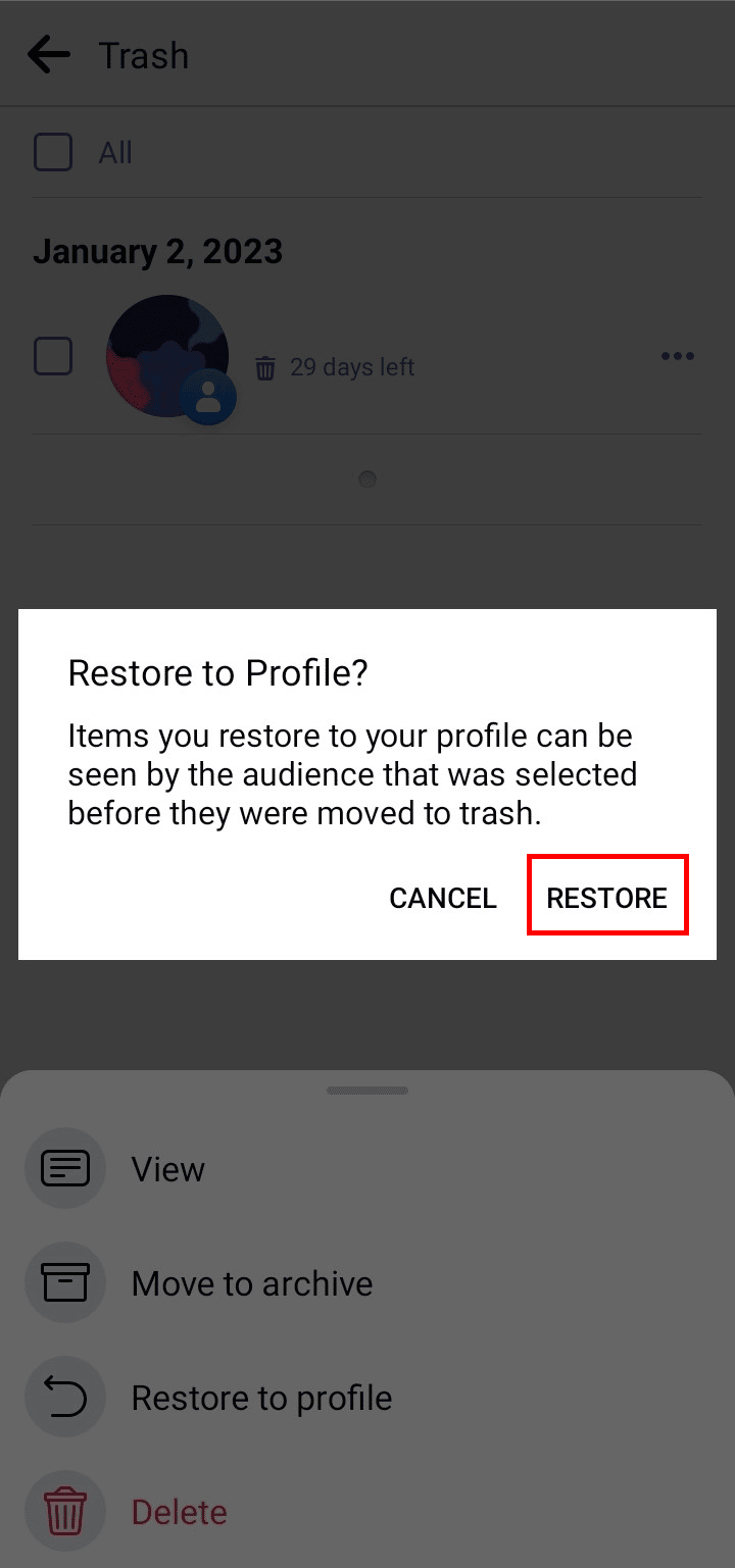 Tap on the RESTORE option from the dialog that appeared on the screen to restore post with all comments on it. | see someones deleted comments on Facebook