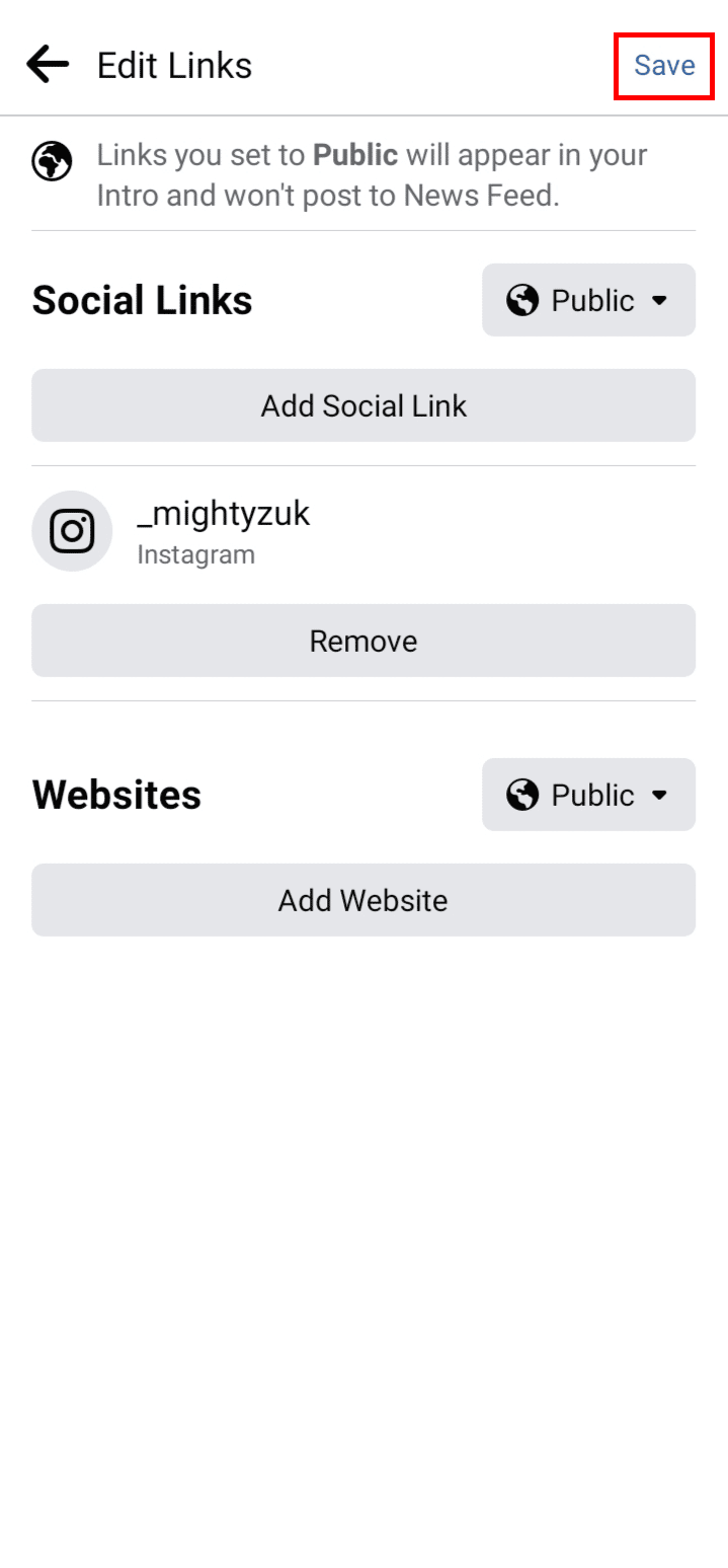Tap on the Save option at the top right corner of the screen to add your Instagram link to your Facebook bio | How to Copy Your Instagram Profile Link from App
