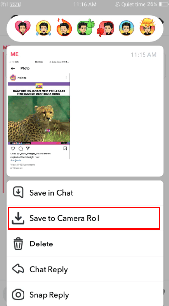 Tap on the Save to Camera Roll option, under the image menu to finally save the picture. | How Do You Secretly Screenshot Snapchats