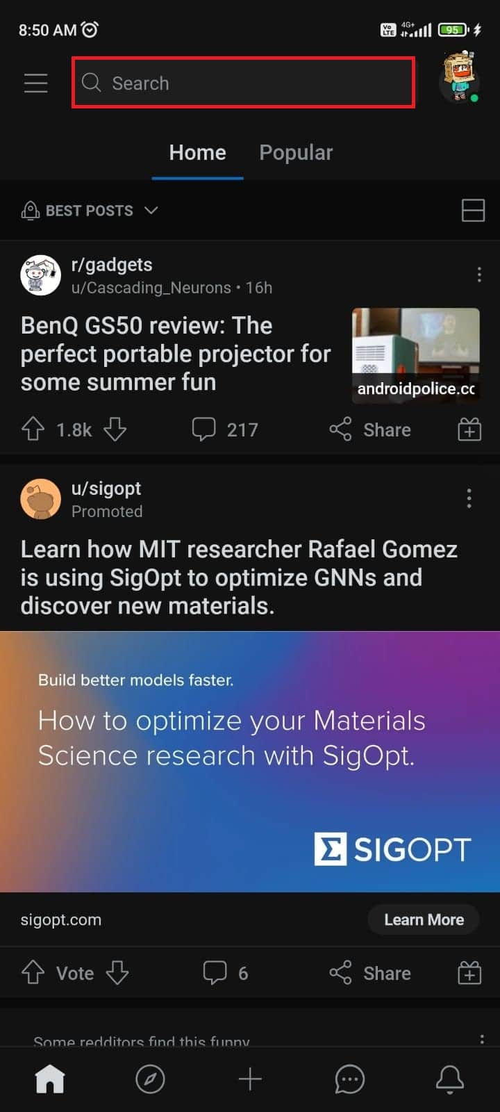 Tap on the search bar at the top | How Do I Delete History on Reddit App