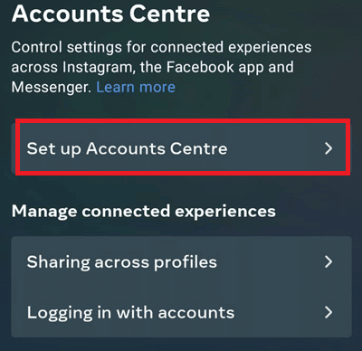 Tap on the Set up Accounts Centre option