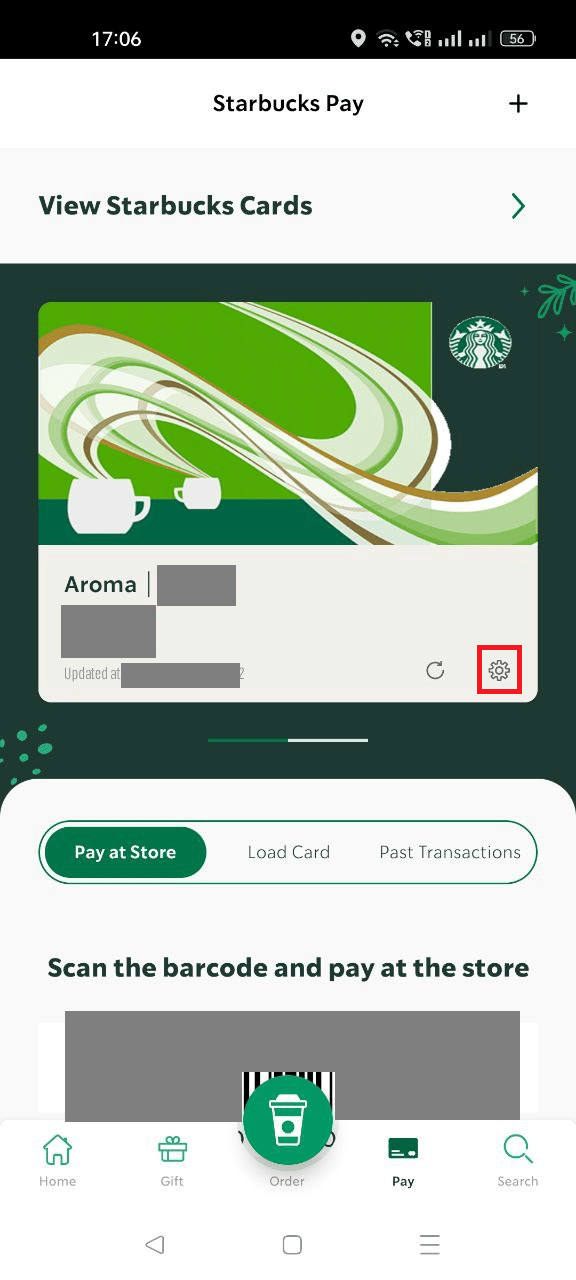 tap on the Settings gear icon at the bottom right corner of the Starbucks card | How to Delete a Starbucks Account