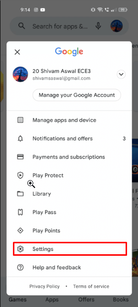 Tap on the Settings option, under the Play Store settings option.