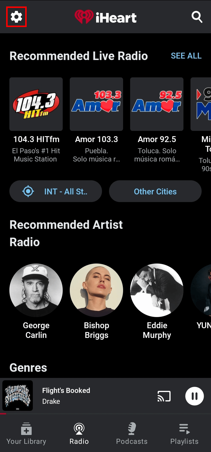 Tap on the settings or the gear icon at the top left corner of the screen. | iHeartRadio contact number