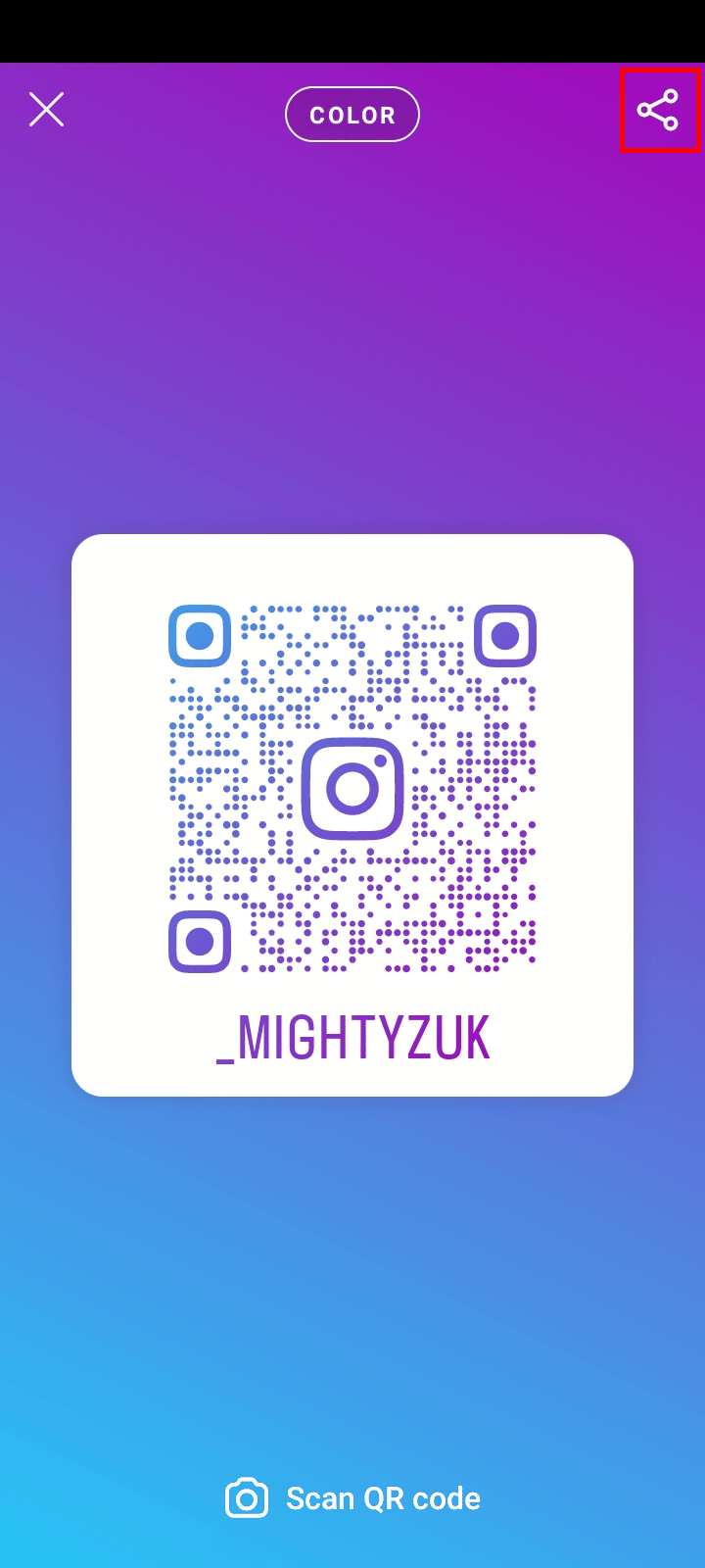 Tap on the Share icon at the top right corner of the QR code screen. | How to Copy Your Instagram Profile Link from App