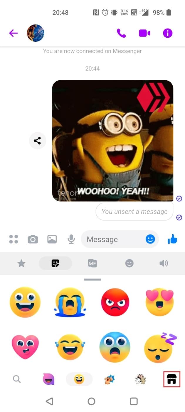 Tap on the shop icon at the bottom right corner | unsend GIF on Messenger
