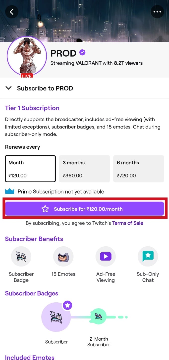 Tap on the Subscribe button | How to Sub with Twitch Prime on Mobile