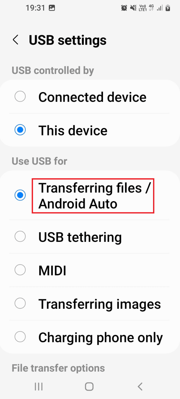Tap on the Transferring files or Android Auto option. Fix Android USB File Transfer Not Working in Windows 10