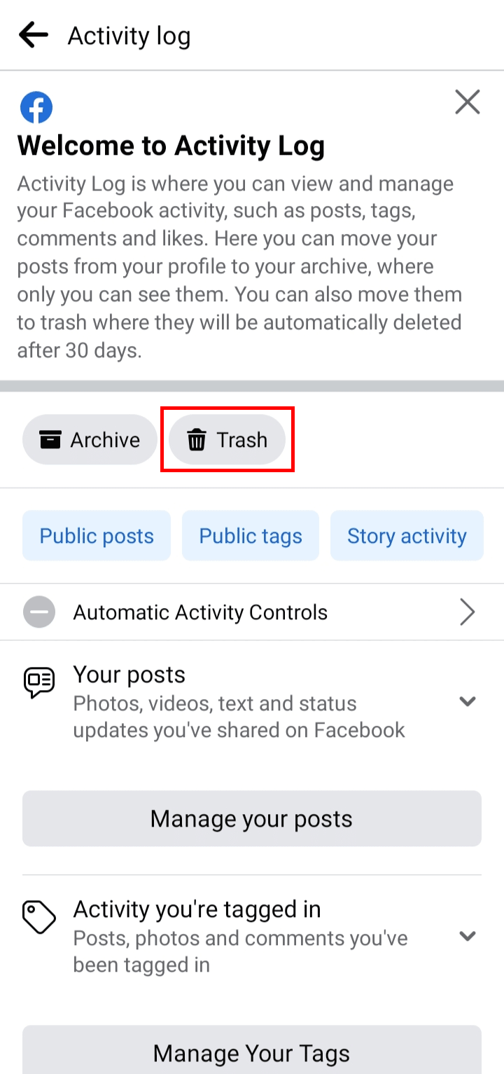 Tap on the Trash option to view the trashed posts. | How to See Friends Deleted Posts on Facebook