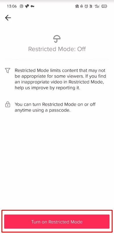 tap on the Turn on Restricted Mode button | TikTok restricted mode