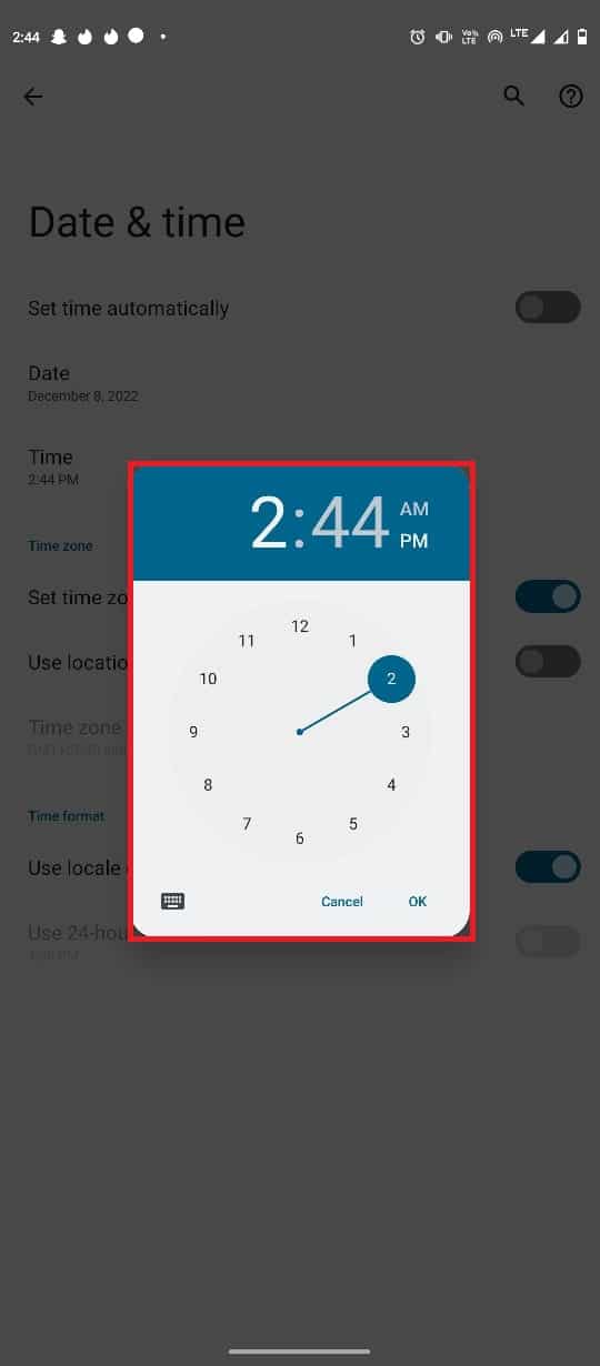 اضغط على الوقت، واضبط الوقت الصحيح من الساعة. إصلاح تنسيق ملف WhatsApp غير مدعوم على Android