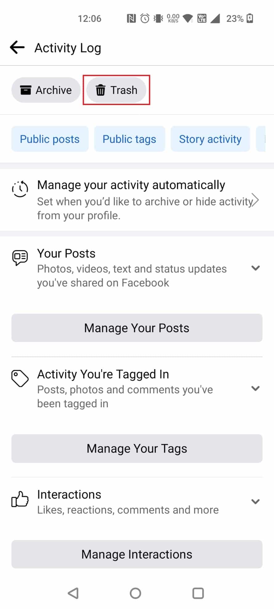 Tap on Trash to find all your deleted posts from the past 30 days | retrieve deleted Activity Log on Facebook
