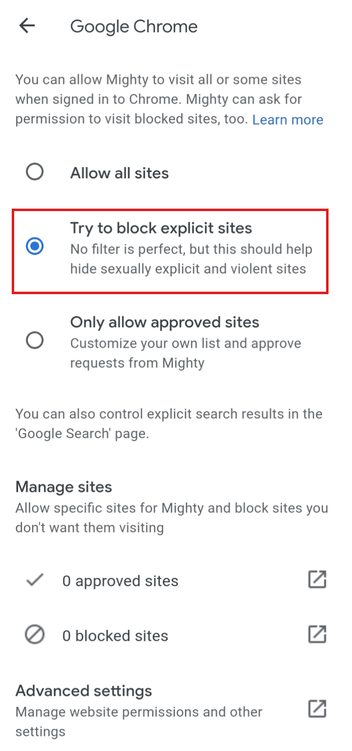 Докоснете опцията Опитайте се да блокирате нецензурни сайтове.