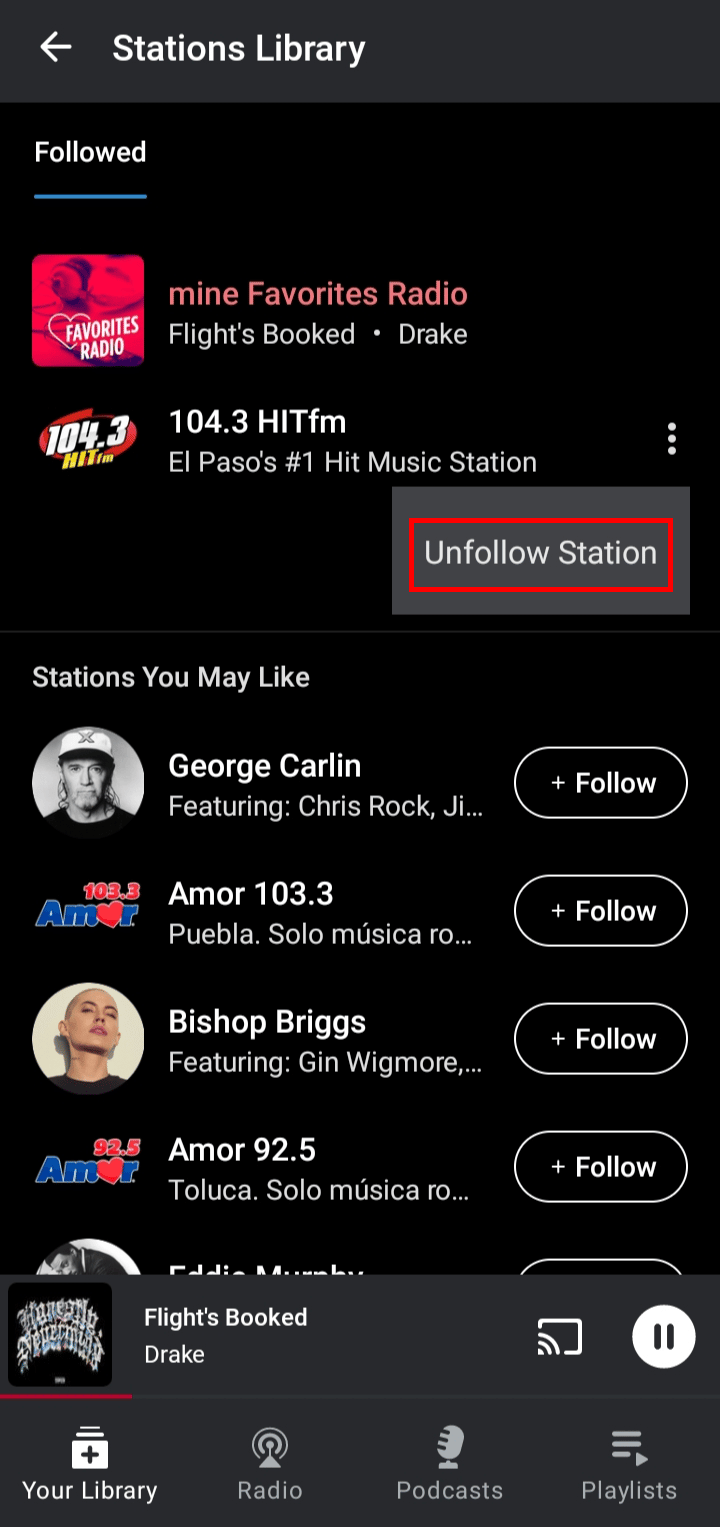 Tap on Unfollow Station to remove it from your list.
