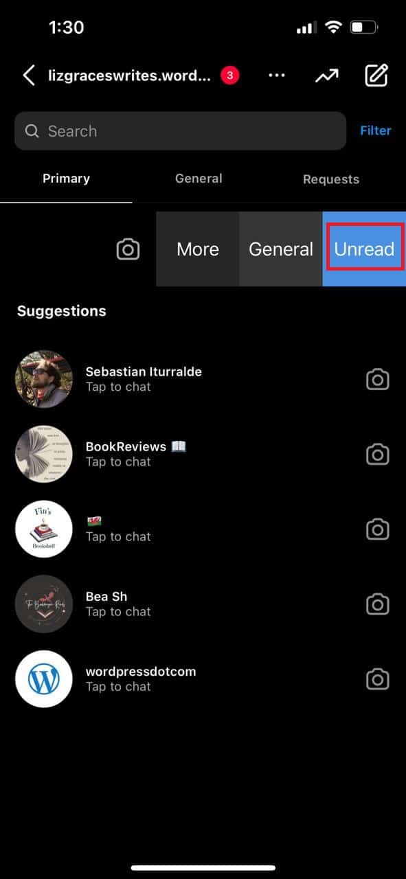 Tap on Unread | how to unread messages on Instagram Private Account