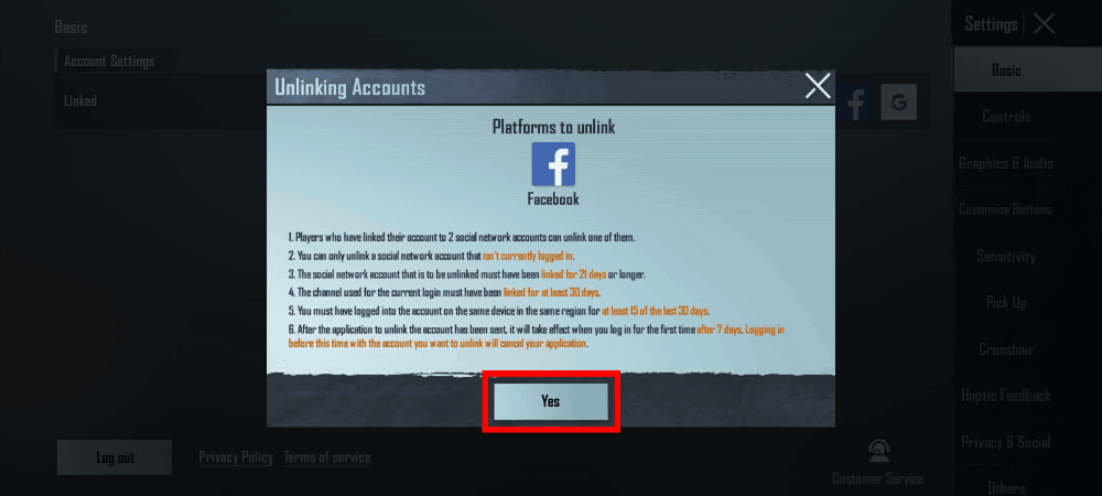Tap on Yes to unlink Facebook account. | How to Delete Your PUBG Mobile Account Permanently
