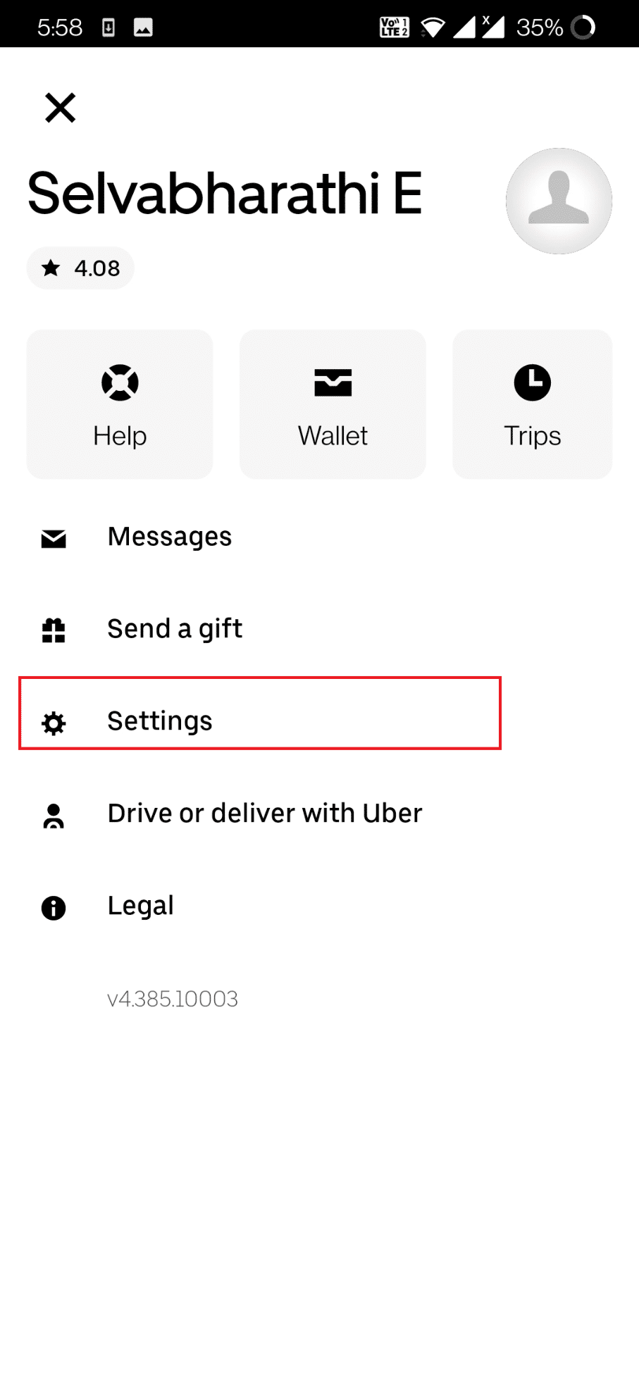 Tap Settings. How to Delete Uber Eats Account