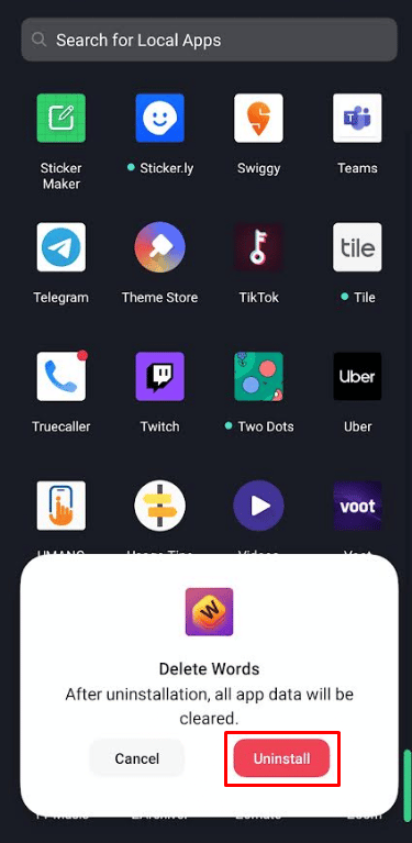 tap Uninstall again. | uninstall Words With Friends