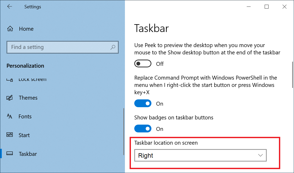Once the taskbar settings open up, look for the 'Taskbar location on-screen' option..
