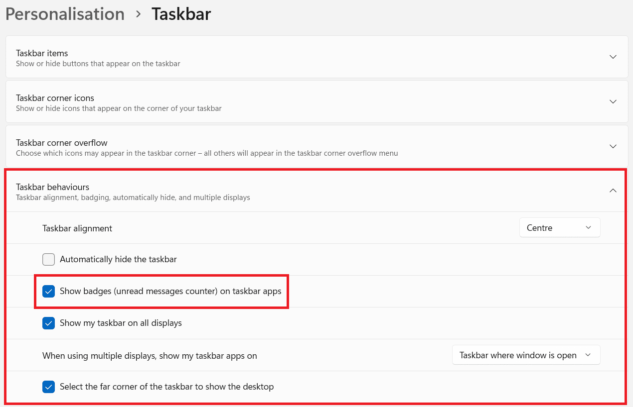 uncheck the show badges on taskbar apps option in Taskbar settings. How to disable notification badges in Windows 11