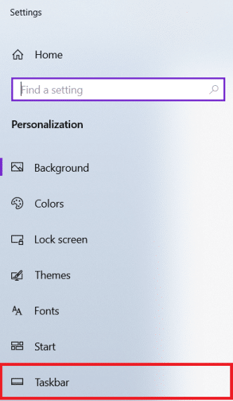 in the personalize settings, select taskbar menu at sidebar