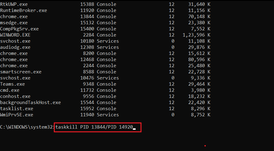 taskkill command to kill multiple process using PID number in Command Prompt or cmd