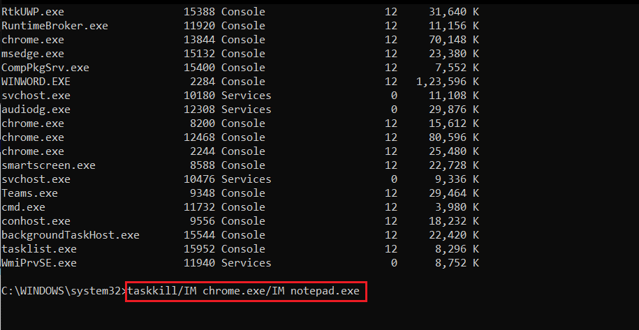 taskkill command to kill multiple processes using Image names in command prompt or cmd