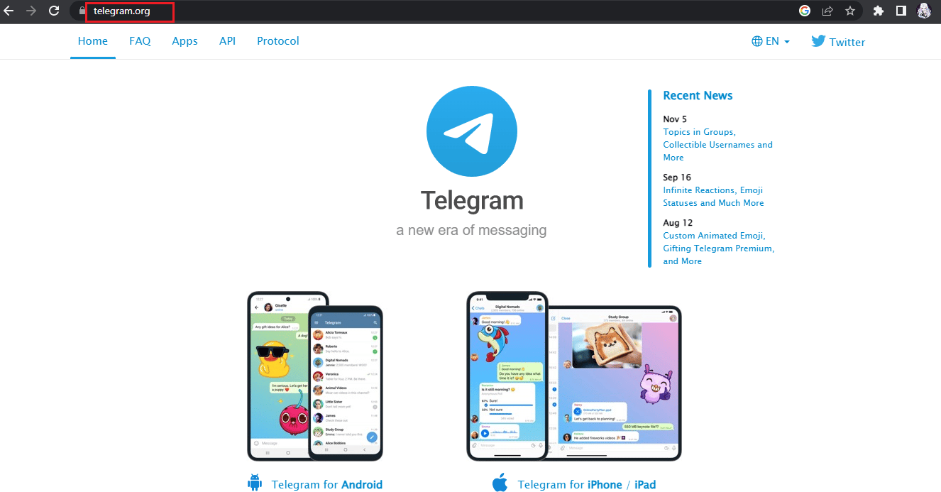Página de inicio de Telegrama