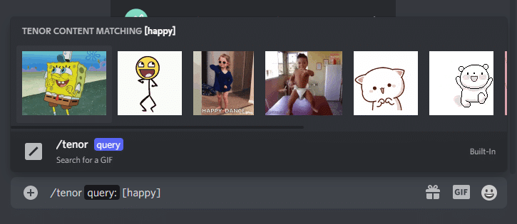 tenor [happy] shows gifs of happy faces. Discord Chat Commands list
